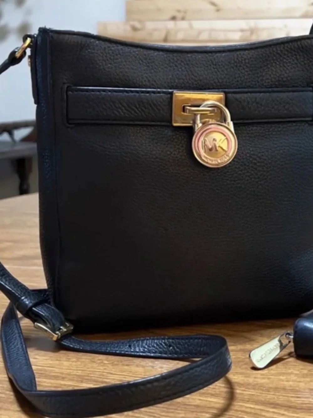 Michael Kors Black Leather Crossbody with Gold MK Lock